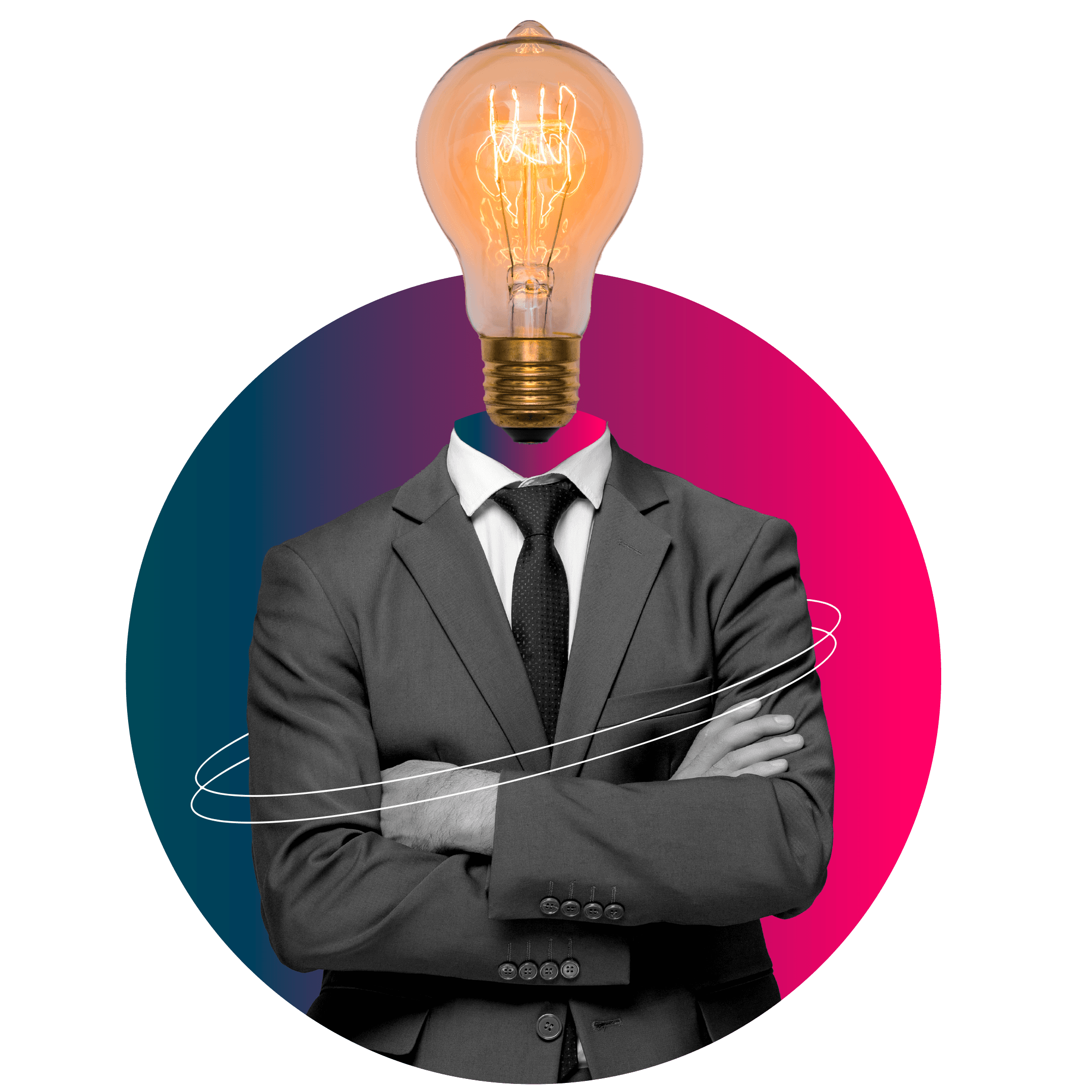 Persona con cabeza de bombilla representando una idea brillante.