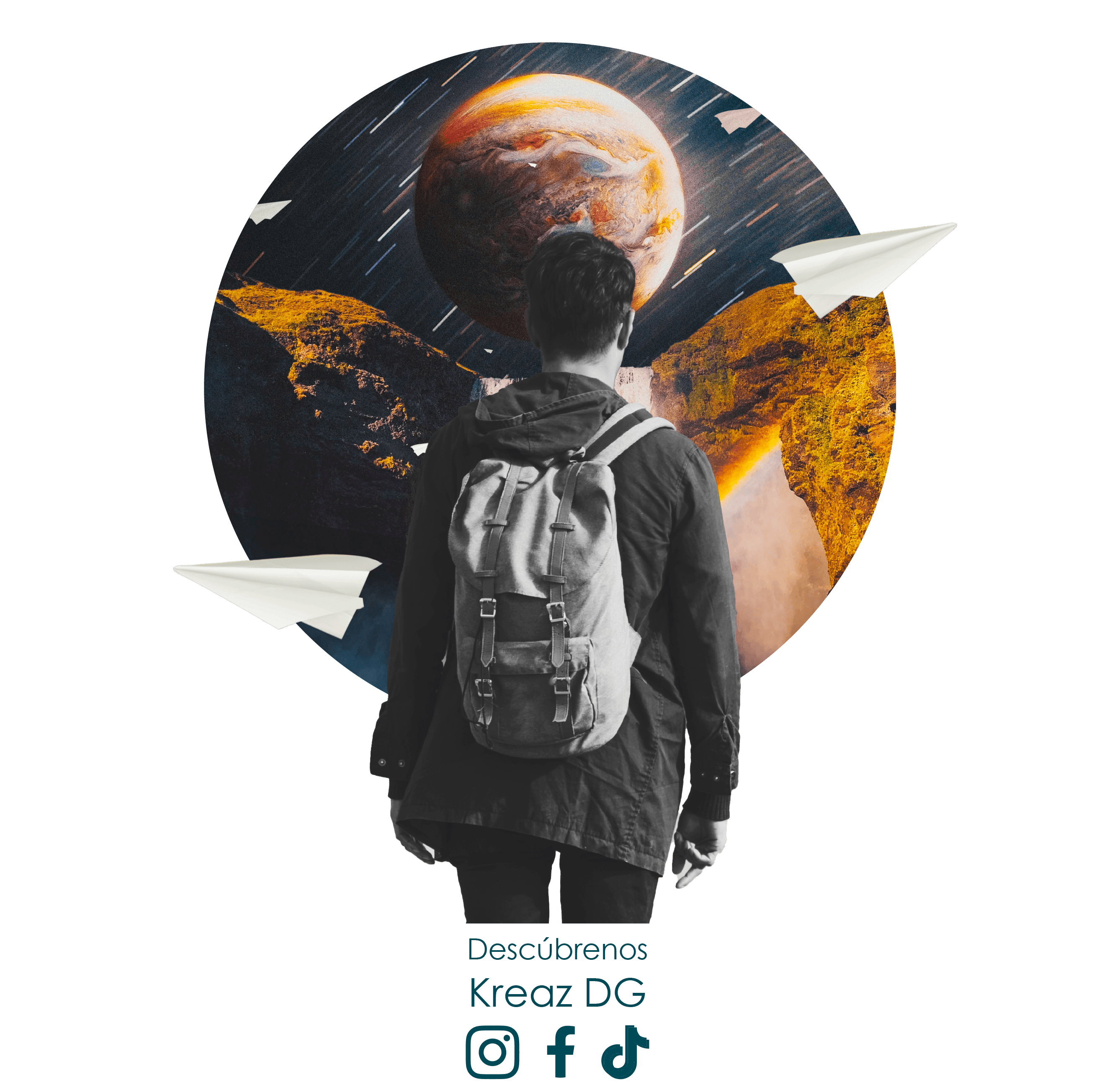 Persona de espaldas con mochila observando un paisaje surrealista con montañas, un planeta gigante y aviones de papel flotando