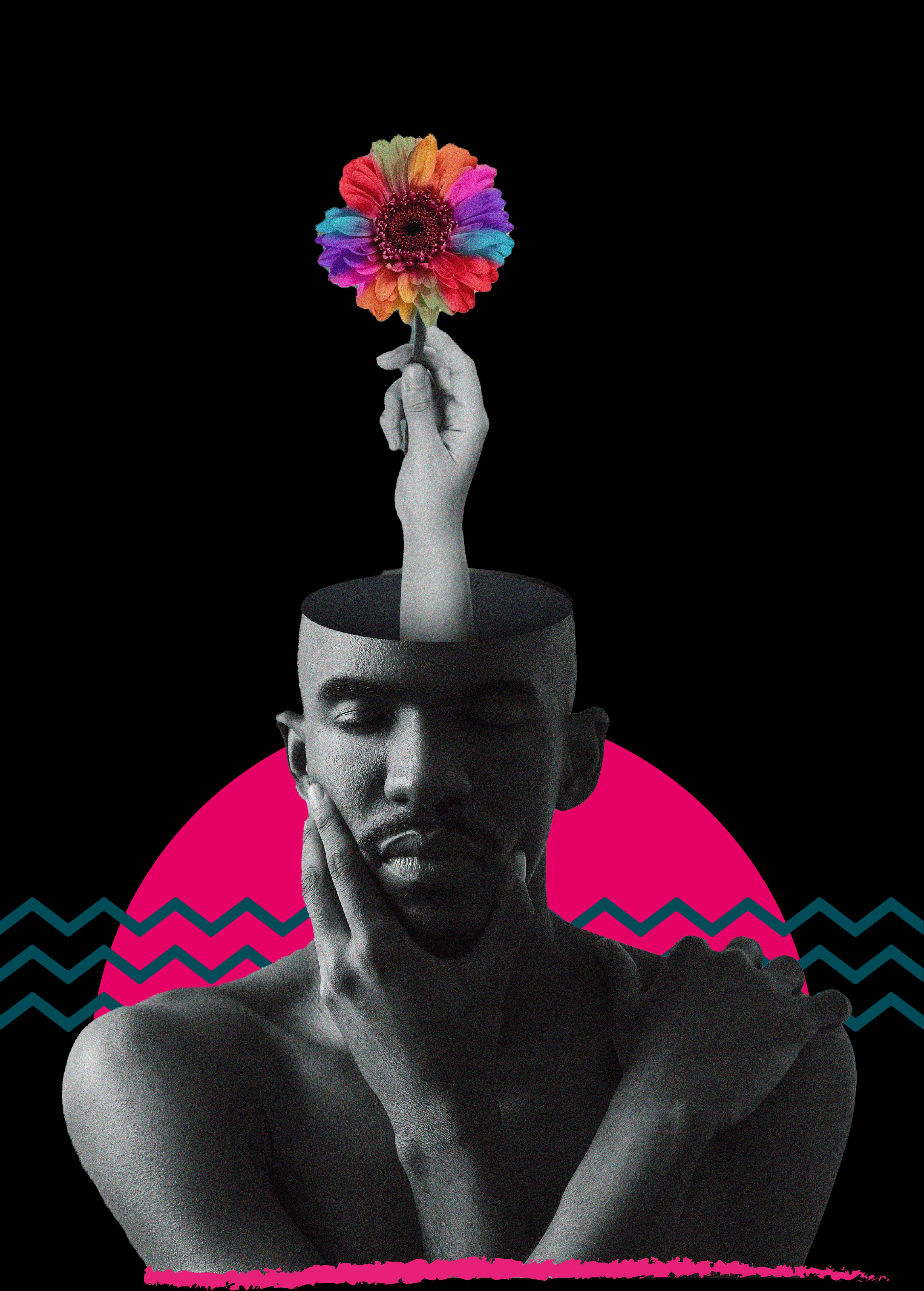 Hombre de piel oscura con los ojos cerrados, de cuya cabeza abierta sale una mano sosteniendo una flor colorida.