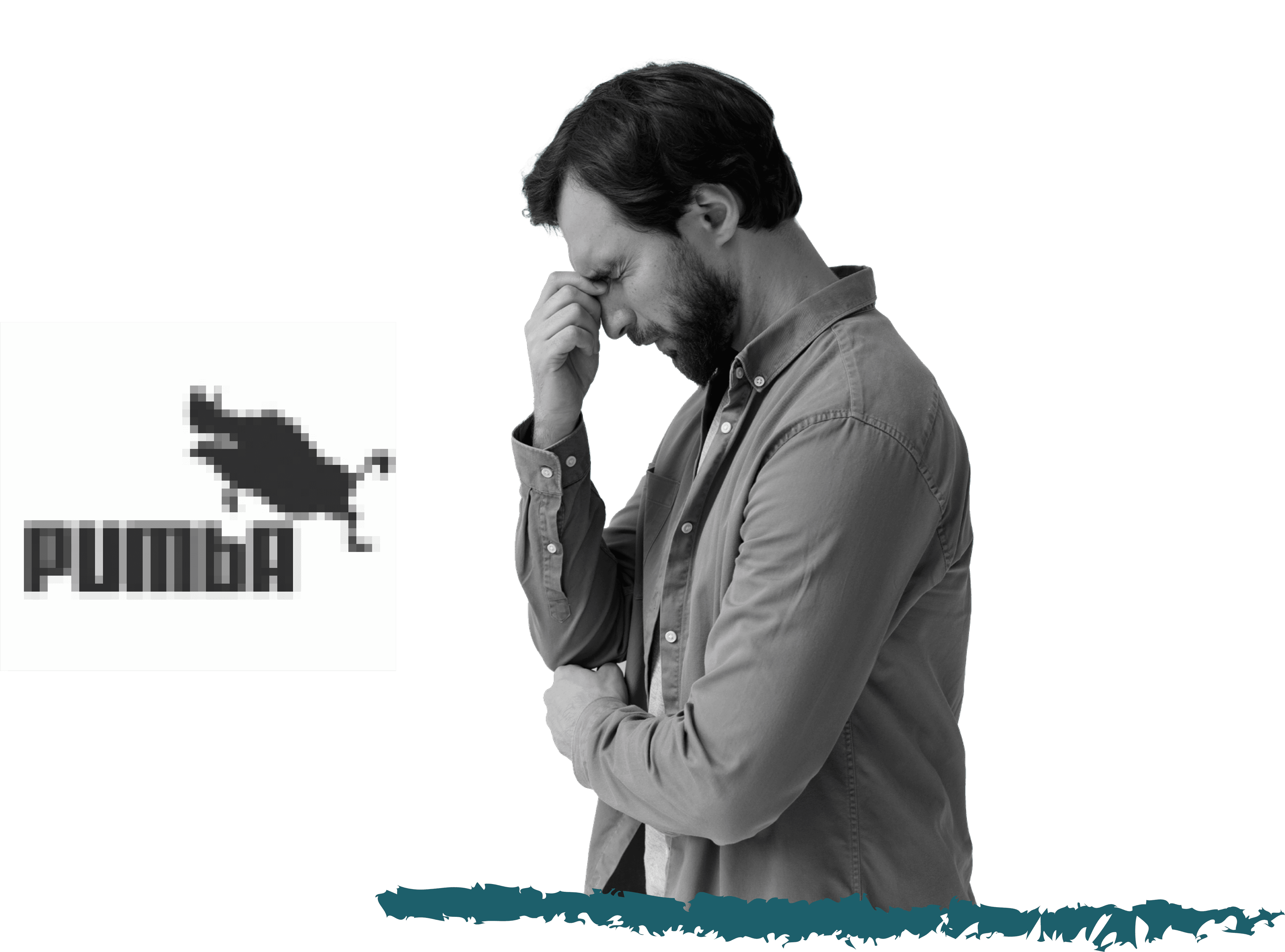 Hombre preocupado observando un logotipo pixeleado, representando una identidad sin definir.