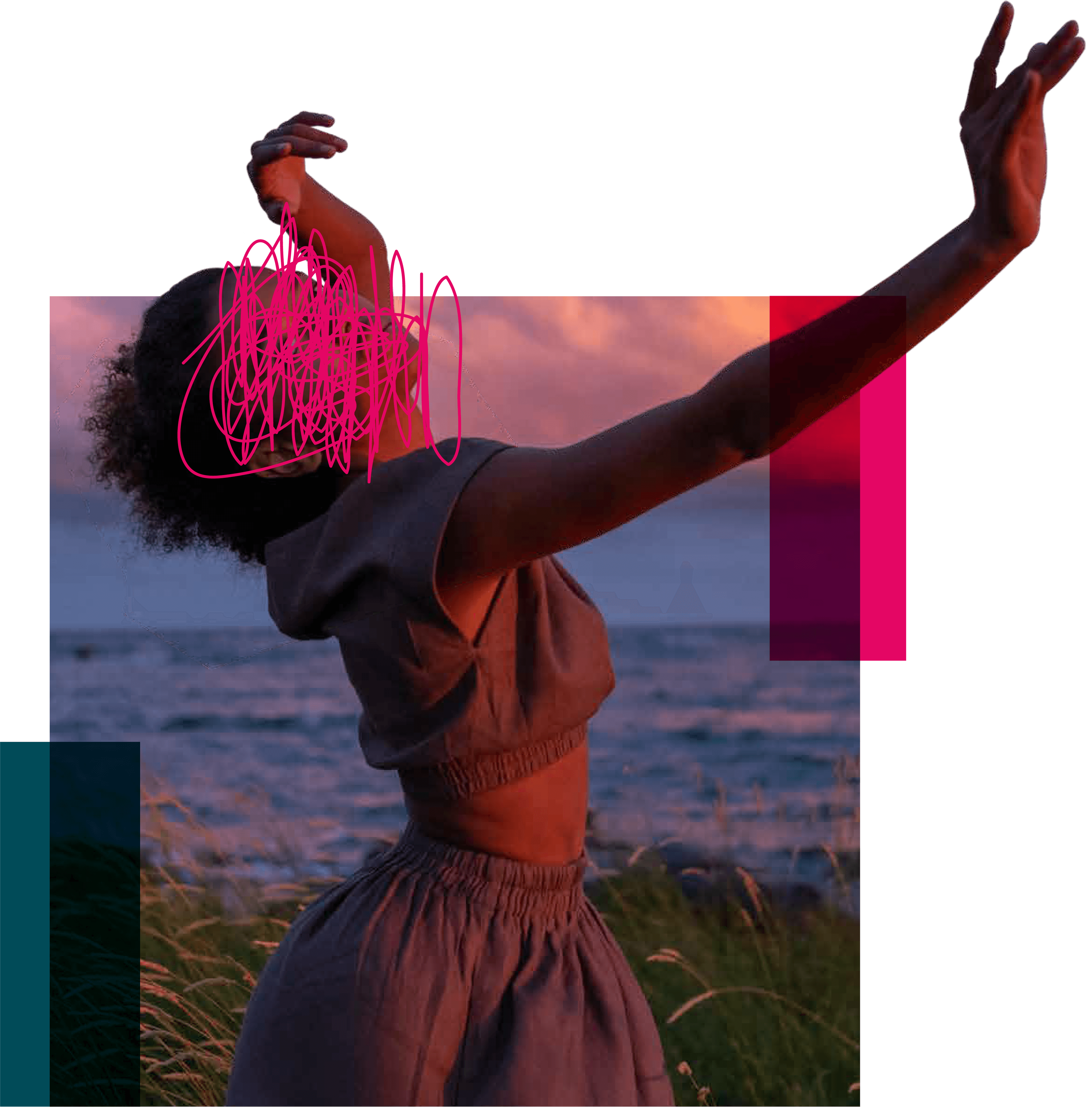 Mujer bailando al atardecer con elementos geométricos en tonos magenta y verde.